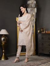 Women's Beige Woven Design & Embroidered Silk Blend Straight Kurta Pant Dupatta Set-KPDBEIGELAZER